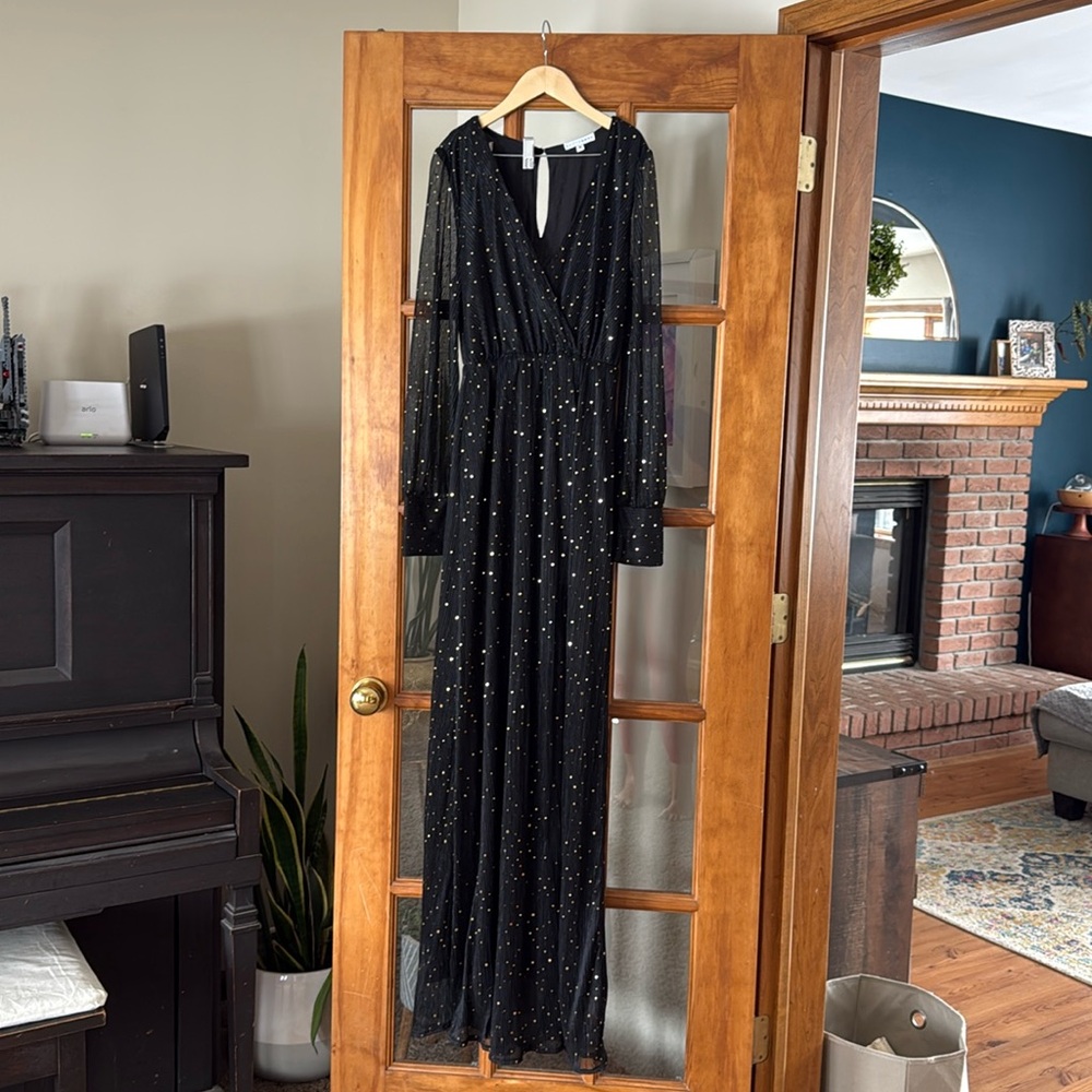Dark Blue Sequin Long Sleeve Gown for Cocktail